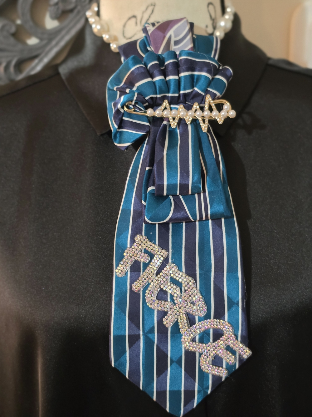 Teal and Navy Striped Silk-Feel Necktie Necklace with Crystal Accents